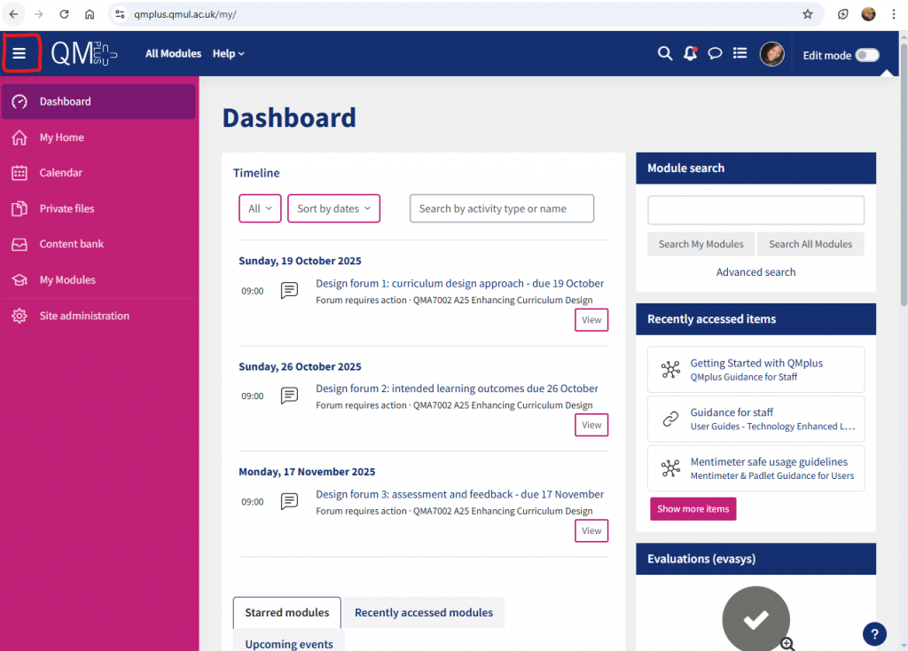 Screenshot of the pink navigation bar in QMplus expanded